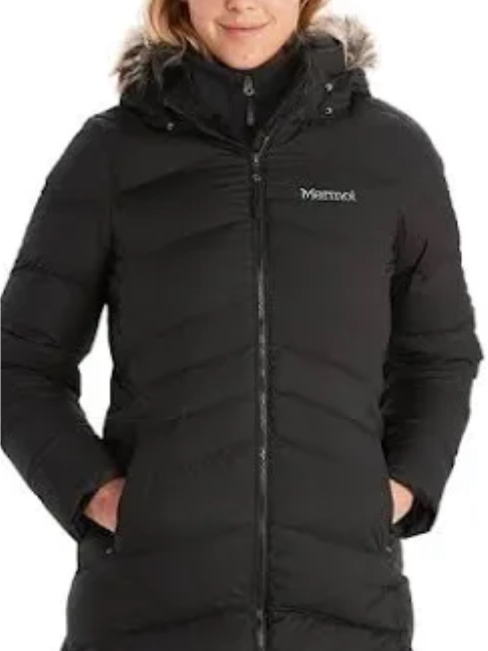 Marmot Women's Black Hooded Puffer Coat with Faux-Fur Trim 700 XL
